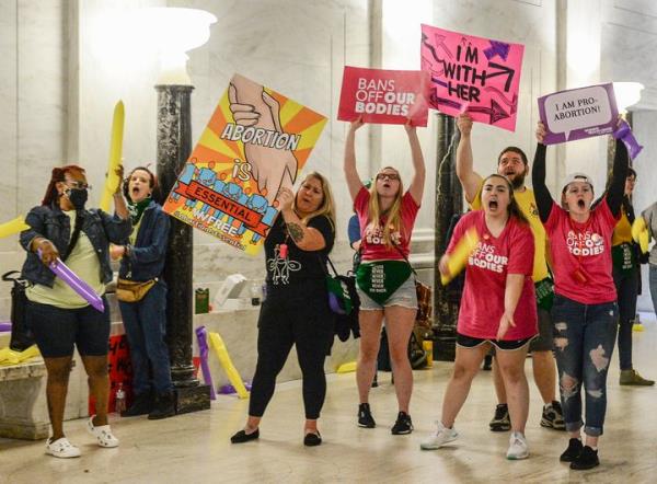 Abortion rights supporters demo<em></em>nstrate outside the state Senate chamber at the West Virginia Capitol on Tuesday.